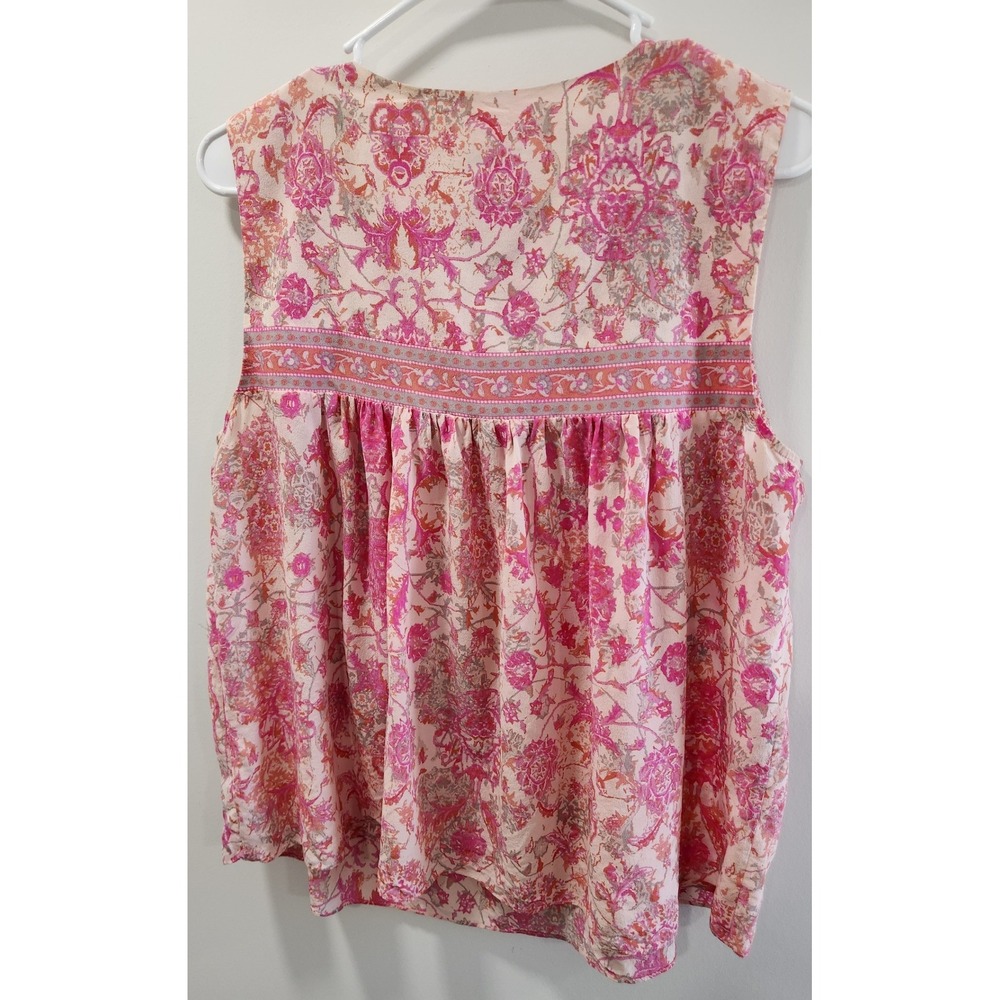 Rebecca Taylor Pink Floral Silk Sleeveless Blouse Boho Tie Neck Top Size 10 - Picture 2 of 5